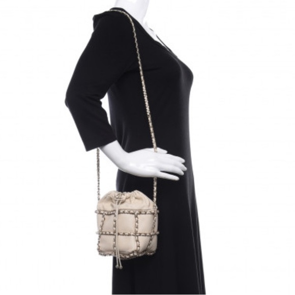 Lambskin Bucket Chain Drawstring Bag Beige - Picture 2 of 7